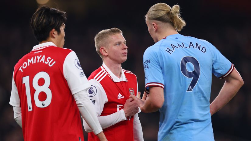 Tomiyasu and Zinchenko in argument with Erling Haaland during their Arsenal days (©Marc Atkins/Getty Images/Gallo Images)