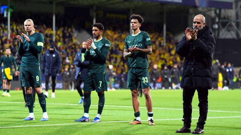 Haaland, Marmoush, O'Reilly, and Guardiola applauding City's fans in Bodo (©Martin Ole Wold/Getty Images/Gallo Images)