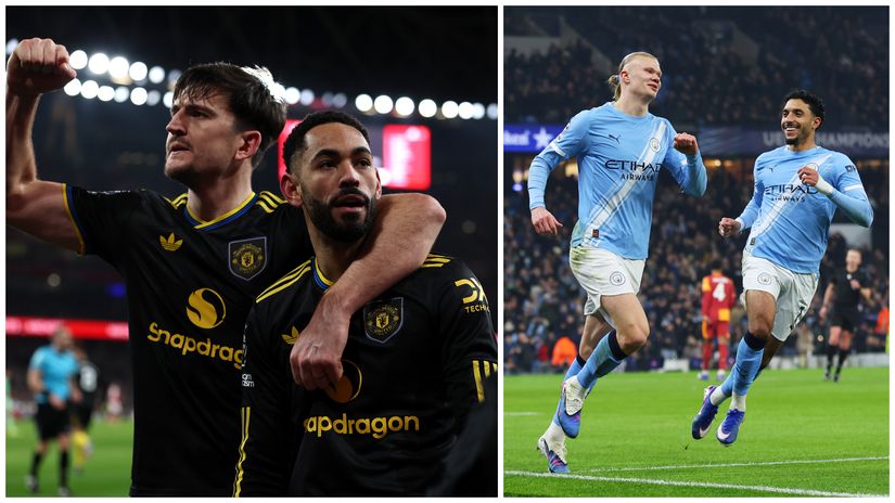 Manchester United and Manchester City players celebrating their goals (©Getty Images)