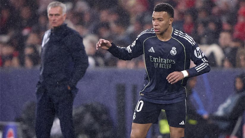 Mourinho and Mbappe during the recent Benfica-Real Madrid clash (©Jose Manuel Alvarez Rey/Getty Images)