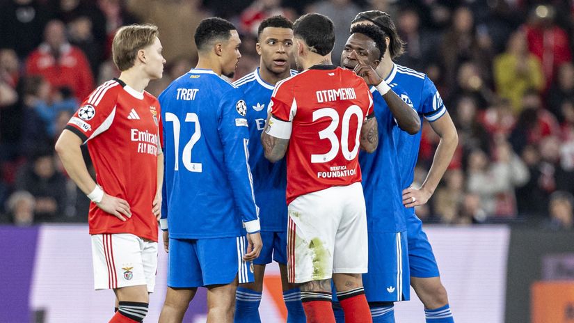 Vini, Mbappe & Co. arguing with Benfica captain Nicolas Otamendi (©Joao Bravo/Sports Press Photo/Getty Images/Gallo Images)