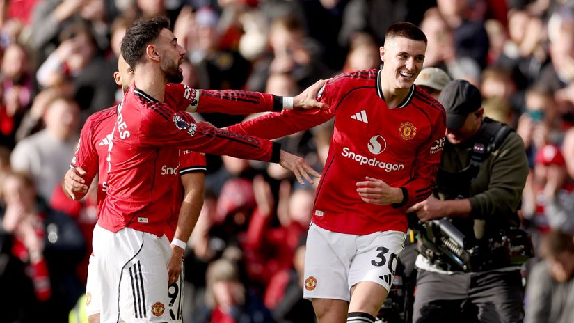Bruno and Sesko celebrate the Slovenian's goal (©Stu Forster/Getty Images)