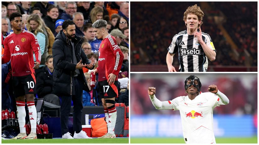 Amorim with Rashford & Garnacho, players he got rid of, and potential targets, Gordon & Diomande (©Getty Images)