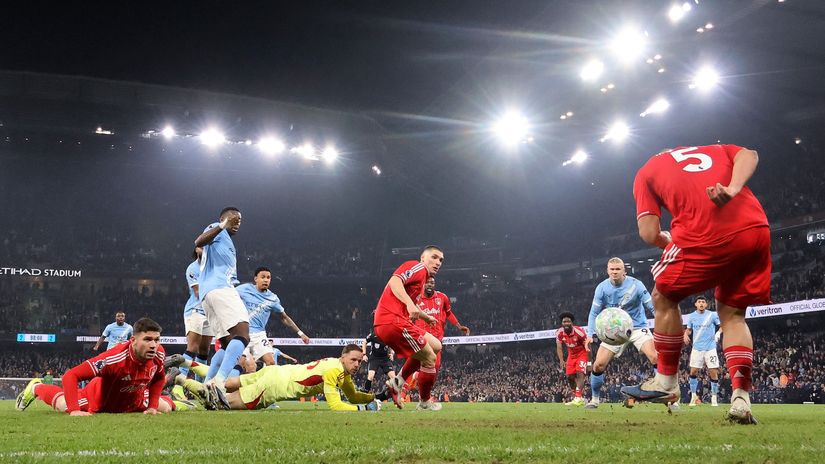 The moment Murillo clears Savinho’s effort off the goal line (©Carl Recine/Getty Images)