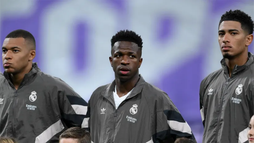 Kylian Mbappe, Vinicius Junior and Jude Bellingham (© David Ramos/Getty Images)