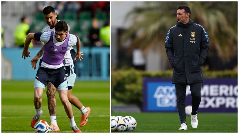 Joaquin Panichelli (in purple) in Argentina's training session with Christian Romero, and Lionel Scaloni (©Gallo Images)