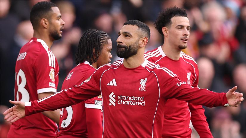 Salah celebrates after scoring against Fulham (©Carl Recine/Getty Images)