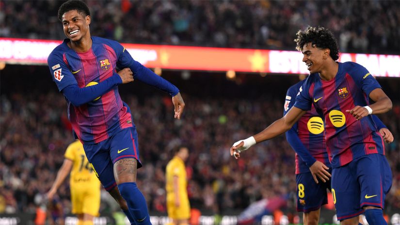 Rashford and Yamal celebrate for Barca after scoring (©David Ramos/Getty Images)