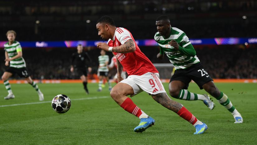 Gabriel Jesus of Arsenal and Ousmane Diomande of Sporting in action (©Mike Hewitt/Getty Images)