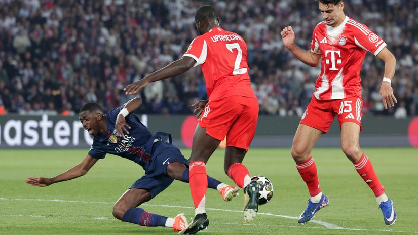 Demebele and Upamecano in action on Tuesday night (©Rico Brouwer/Soccrates/Getty Images)