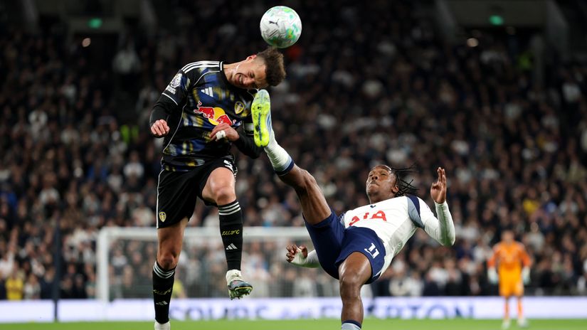 The moment Mathys Tel fouled Ethan Ampadu in Tottenham's box and gave away a penalty (©Justin Setterfield/Getty Images)