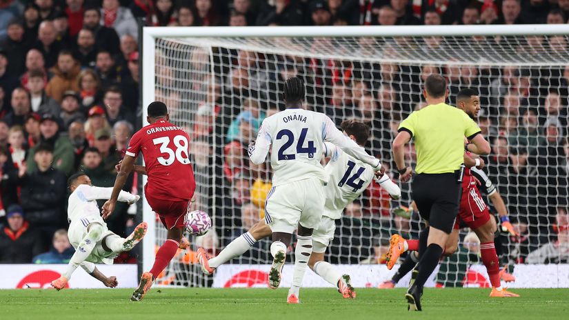 Gravenberch fires against Aston Villa at Anfield (©Jan Kruger/Getty Images)