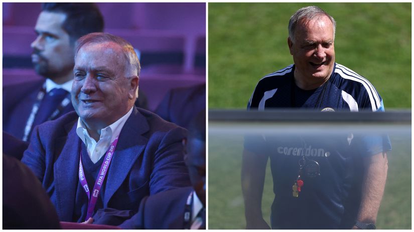 Dick Advocaat at the WC draw (left) and during a training session (©Getty images)