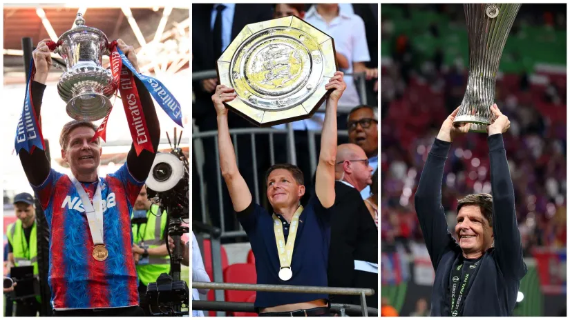 Glasner holding the FA Cup, the Community Shield and the Conference League trophy (©Getty images/Gallo images)
