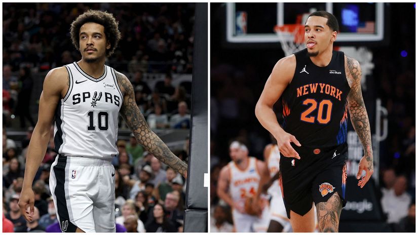 Jeremy Sochan with the Spurs (left) and the Knicks (right) (©AFP)