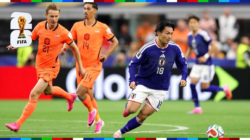 Ayase Ueda of Feyenoord in action last night against De Yong and Reijnders (©Michael Steele/Getty Images)