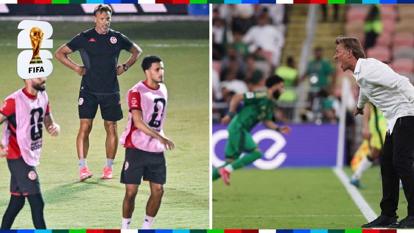 Renard with Tunisian players last night (left) and previously as a Saudi coach (©Getty images)