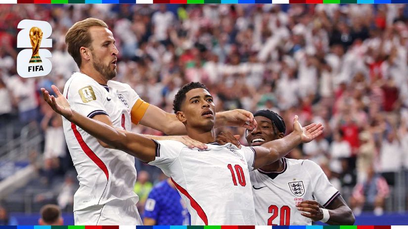 Kane, Bellingham and Madueke celebrate England's third goal (©Francois Nel/Getty Images)