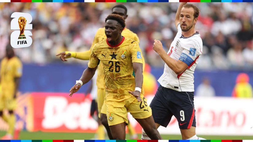 Marvin Senaya #26 of Ghana controls the ball against Harry Kane #9 of England (©Richard Pelham/Getty Images)