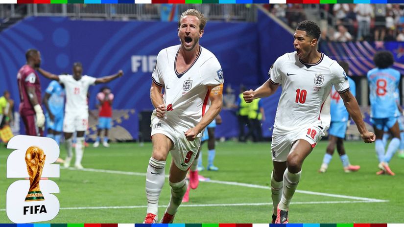 Harry Kane celebrates his first goal of the night with Jude Bellingham (©Richard Pelham/Getty Images)