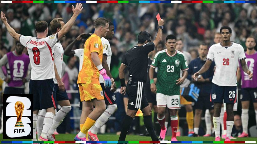 Referee Alireza Faghani sends Quansah off during the match against Mexico (©AFP)