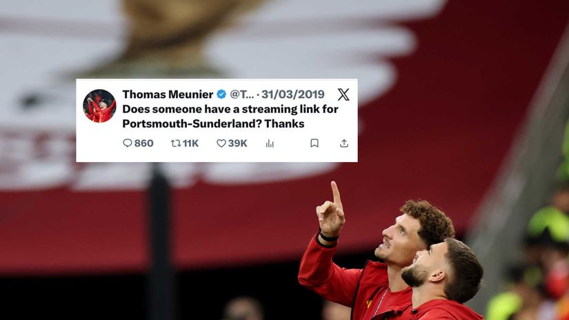 Thomas Meunier pointing at his tweet from 2019 (©Fran Santiago/Getty Images/X/Screenshot)