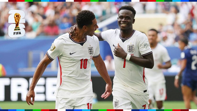 Bellingham and Saka celebrate the latter's hat-trick goal (©Luke Hales/Getty Images)