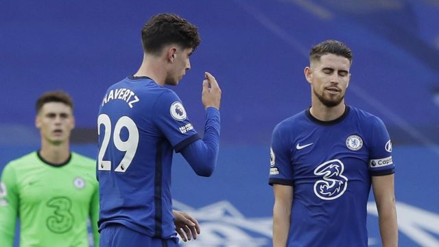 Kepa (in the back), Havertz, and Jorginho with Chelsea in 2020 (©Matt Dunham - Pool/Getty Images)