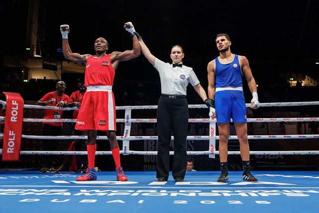 Okaka celebrates after beating Tunisian Rafrafi Youssef in the Round of 32 ©BFK