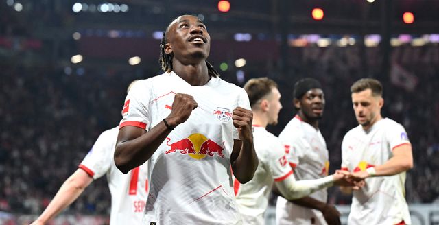 Yan Diomande celebrates a goal for RB Leipzig, eyes raised to the sky, to his late sister (©Sebastian Widmann/Getty Images)