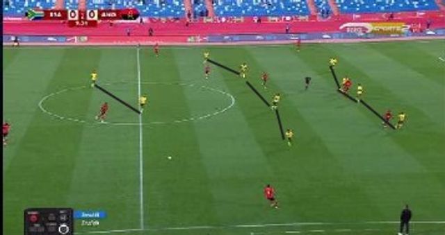South Africa defended in a compact 4-4-2 mid-block, prioritising central lane denial and funnelling play wide, but Angola consistently targeted the flanks, where their wingers thrived in 1v1 isolation scenarios.