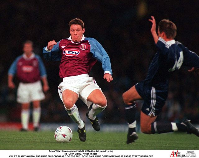 Hans Erik Odegaard (right) in action for Stromsgodset against Aston Villa in the 1998/1999 UEFA Cup (©Gallo Images)
